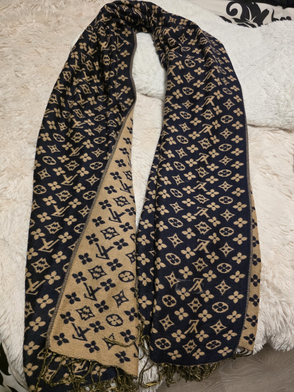 Louis Vuitton Reversible Monogram Scarf in Navy and Tan